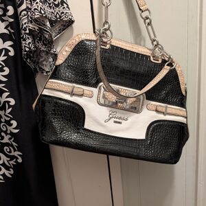 Guess Black, White, and Tan Croc-Embossed Satchel